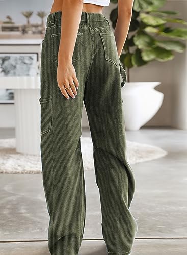 Dokotoo Corduroy Cargo Pants Women Wide Leg Baggy High Waisted with 6 Pockets Casual Pants Basic Womens Clothing,Green 6