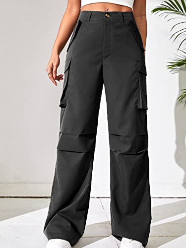 WDIRARA Women's High Waist Button Loose Fit Streetwear Cargo Pants with Pockets Black Solid S