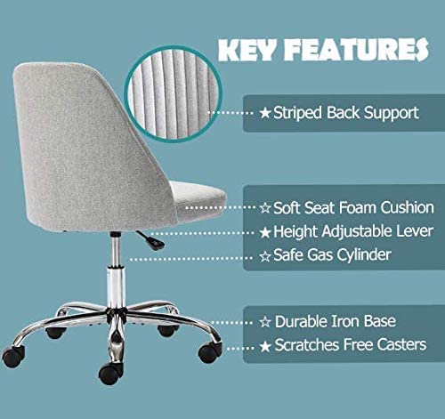 edx Home Office Desk Chair, Vanity Chair, Modern Adjustable Low Back Rolling Chair, Twill Upholstered Cute Office Chair, Desk Chairs with Wheels for Bedroom, Classroom, Vanity Room (Silver)
