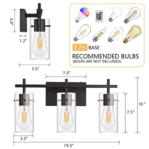 Black 3-Light Vanity Light Fixture, Wall Sconce Lighting with Glass Shade, Modern Wall Lights Over Mirror Vanity Lamp (Black, 3-Light)