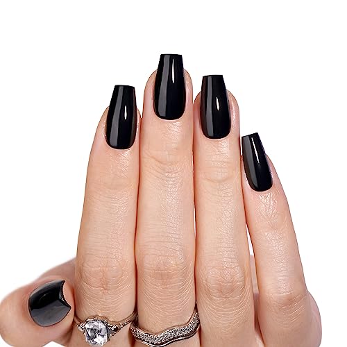 Press on Nails Halloween Black - BTArtbox Soft Gel Coffin Fake Nails with Nail Glue, Reusable Opaque Stick on Nails in 16 Sizes - 32 Nail Kit