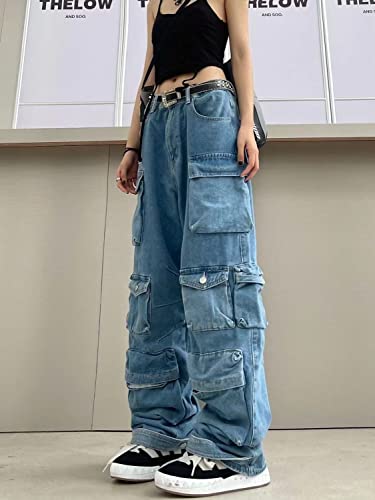 Women's Baggy Cargo Pants Y2K Clothing Multi-Pocket Relaxed Fit Jeans Fairy Grunge Clothes Alt Emo Streetwear (Blue Jeans,2XL)