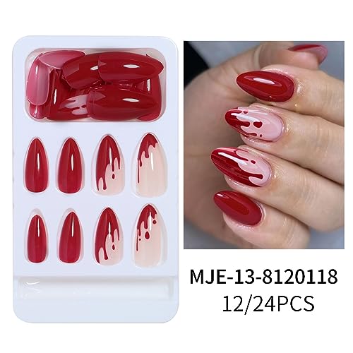 Halloween Press on Nails Almond, LPOONNDU Blood Press on Nails Halloween Medium Fake Nails, Glossy Red Glue on Nails for Women - 24Pcs Medium Almond Halloween False Nails Set