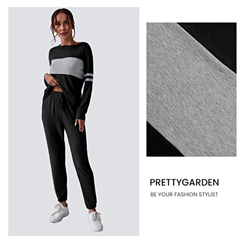 PRETTYGARDEN Women's Color Block 2 Piece Tracksuit Crewneck Long Sleeve Tops Long Sweatpants Outfits Lounge Sets(Black,Small)