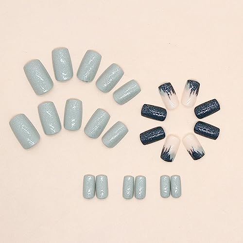 Diduikalor 24 Pcs Short Square Press on Nails Squoval Fake Nails Glossy Glue on Nails Blue Glitte Artificial Acrylic Nails Gradient Stick on Nails for Women Girls