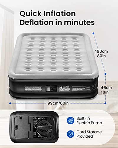 Airefina Queen Air Mattress with Built-in Pump, Blow up Mattress in 3 Mins, Colchon Inflatable Mattress with Flocked Surface for Home & Camping, Comfort, Foldable & Portable 80x60x18in, 750lbs MAX