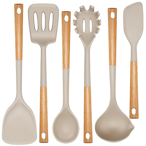 NCUE Kitchen Utensils Set, Large Non-stick Silicone Cooking Utensils Set 6 Pcs, Wooden Handle Heat Resistance Silicone Spatula Soup Ladle Pasta Server Kitchen Gadgets Utensils Set BPA Free (Khaki)