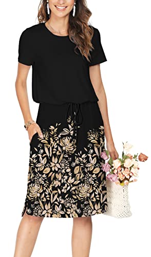 Women Spring Summer Teacher Outfit Hide Tummy Midi Casual Dress Floral Black XL