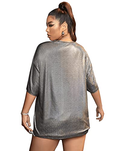 Verdusa Women's Plus Size Metallic T Shirt Drop Shoulder Oversized Tee Top Grey 0XL