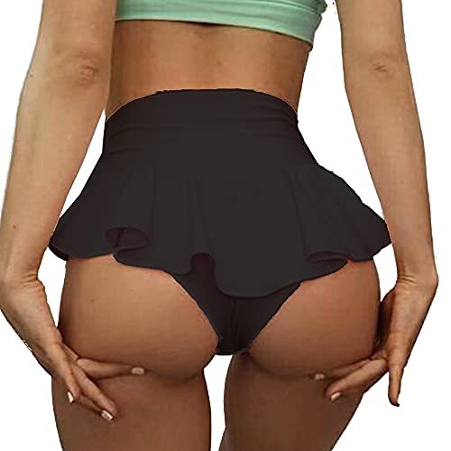 JOINFUN Women's Ruffle Active Shorts Fitness Sports Yoga Booty Shorts Sexy Solid Workout Thongs Black M