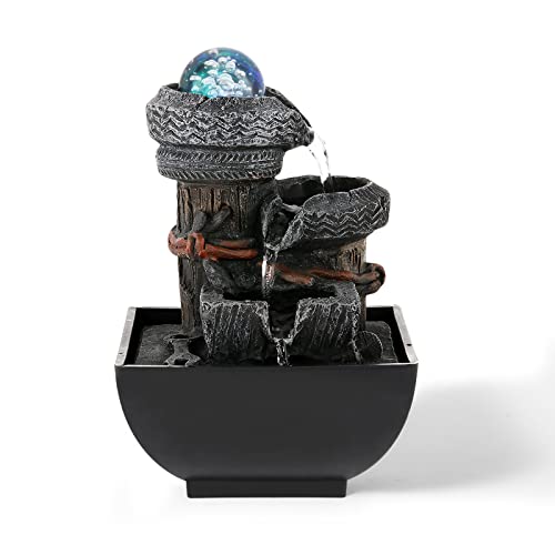 Dyna-Living Tabletop Water Fountain Waterfall Fountain Indoor with Lights Rolling Ball Feng Shui Water Fountains for Home Decor