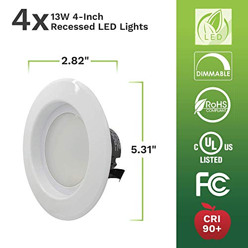 4 Pack Bioluz LED 4-inch 13 Watt 90 CRI Dimmable LED Retrofit Recessed Lighting Fixture - 2700K LED Ceiling Light - 910 Lumen Recessed Downlight UL-Listed JA8 CEC