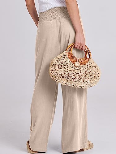 Prinbara High Waisted Wide Leg Pants for Women Summer Beach Boho Cotton Linen Palazzo Pants Casual Flowy Trousers with Pockets Almond 1PA091-mixing-XL