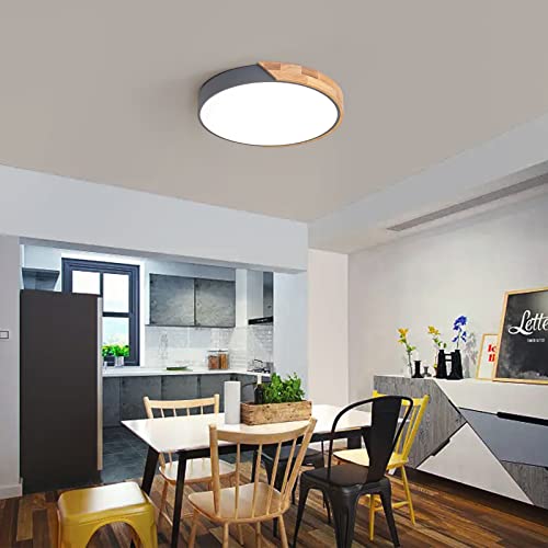 Vikaey Modern LED Ceiling Light, Minimalist Wood Style Flush Mount Ceiling Light Fixture, Circle Lighting Lamp with Acrylic Lampshade for Bedroom Living Room Dining Room Laundry (Grey, 15.8'')