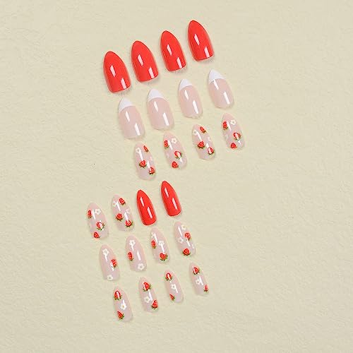 24 Pcs Medium Press on Nails French Tip Almond Fake Nails Glossy Designs False Nails with Strawberry Pattern Full Cover Acrylic Nails for Women