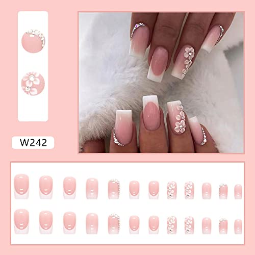 24 Pcs Medium Square Fake Nails French Tip Press on Nails, Glossy Glue on Nails Full Cover False Nails with Rhinestones & Flowers Designs Medium White Nail Tips Pink Acrylic Nails for Women Girls