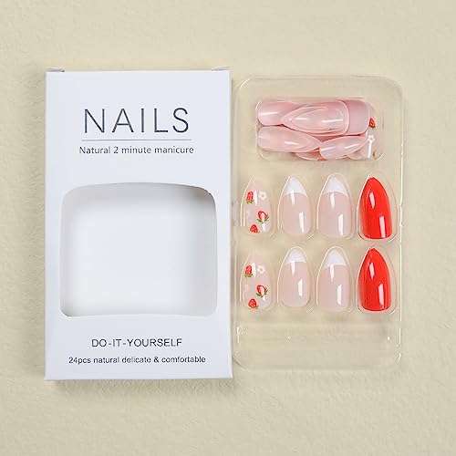 24 Pcs Medium Press on Nails French Tip Almond Fake Nails Glossy Designs False Nails with Strawberry Pattern Full Cover Acrylic Nails for Women