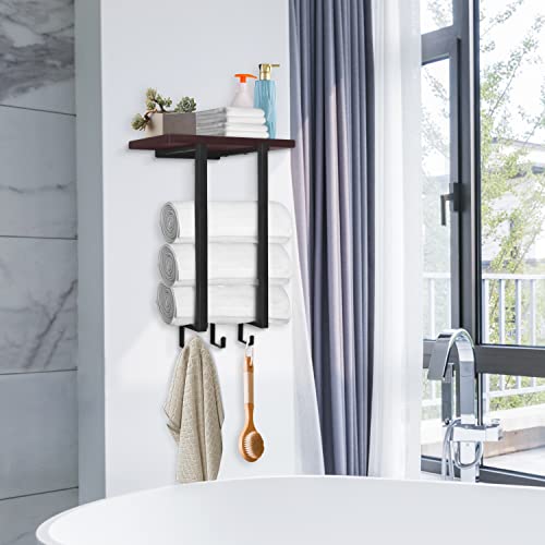 Towel Rack for Bathroom Organizer Towel Holder with Wooden Shelf and 3 Hooks Wall Mounted Towel Hanger Storage for Rolled Towels RV Bathroom Accessories Metal Matte Black