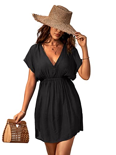 CUPSHE Women's V Neck Shadow Striped Elastic Waist Cover Up Dress Short Sleeve Beach Mini Dress