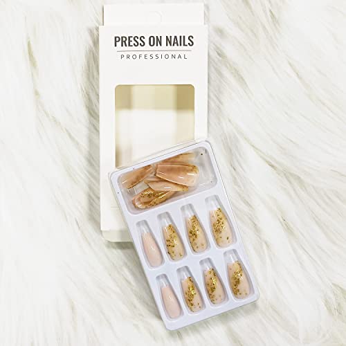 Press on Nails Medium Length Golden Fake Nail Gold Sequins Glossy Nails Design Acrylic Nails Full Cover Stick on Nails for Women and Girls 24Pcs