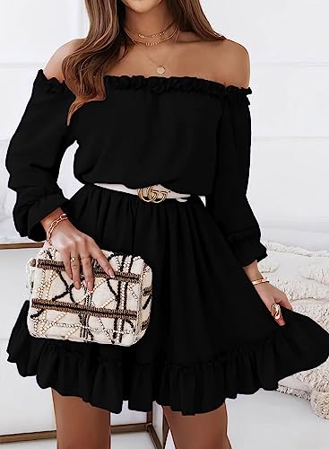 Dokotoo Womens Ruffle Off Shoulder Dress Long Sleeve Elastic Waist A-Line Casual Swing Mini Dresses for Women Fall Summer Fashion 2023 Flowy Cute Sexy Party Date Night Outfits Black Plus Size X-Large