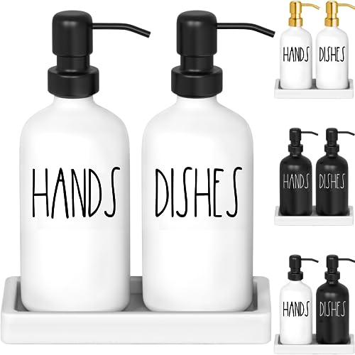 White Glass Kitchen Soap Dispenser Set with Tray by Brighter Barns - Hand and Dish Soap Dispenser for Kitchen Sink - Farmhouse Soap Dispenser Set - Modern Farmhouse Kitchen Decor, Home Decor (White)