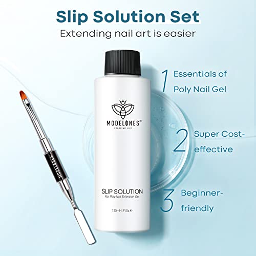 Modelones Poly Nail Gel Kit Slip Solution for Nails 120ml Extension Set with Dual-Ended Brush Anti-Stick Liquid Brushes Cleaning Smooth Non-Odor Healthy Manicure Easy Spread Beginner