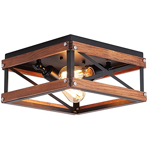 Rustic Farmhouse Flush Mount Light Fixture Two-Light Metal and Wood Square Flush Mount Ceiling Light for Hallway Bedroom Kitchen Entryway, Black