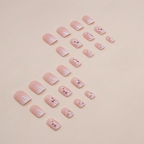 Short Press on Nails Square Fake Nails with Flower Designs French Gradient False Nails Cute Short Acrylic Press on Nails Glossy Nude Pink Stick on Nails Reusable Artificial Nails for Women Girls