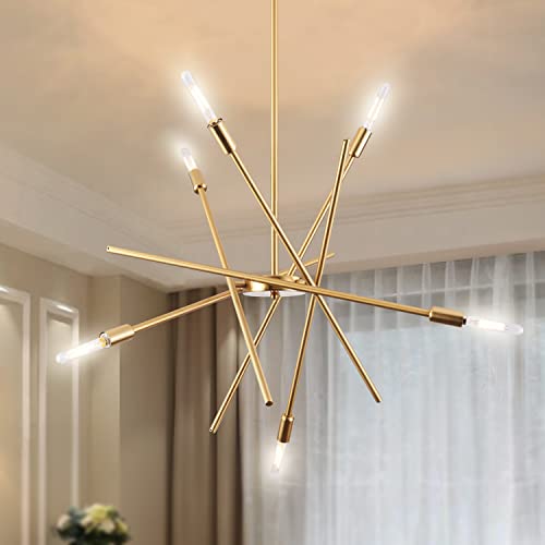 Mccokaige Modern Led Chandelier 6-Lights Gold Sputnik Chandeliers Gold Modern Chandeliers Contemporary Chandeliers for Dining Room Mid Century Pendant Lighting Mid Century Farmhouse Chandelier