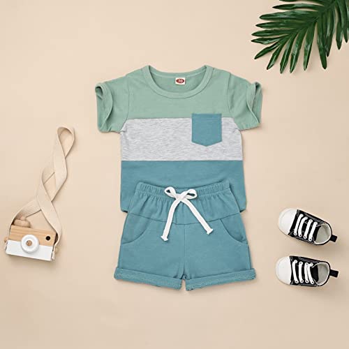 KAFIREN Toddler Boy Clothes 3T Little Boys Clothes Summer Outfits Short Sleeve Patchwork Top T-shirt Pocket Pants Light Green Boy Set 3-4T/100cm