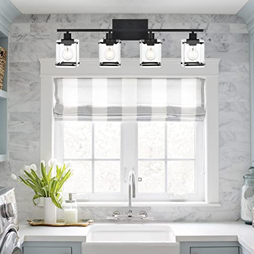 MELUCEE Bathroom Light Fixtures 4 Lights Matte Black Vanity Light with Rectangular Clear Glass Shade, Modern Metal Sconces Wall Lighting for Mirror Kitchen Bedroom Powder Room