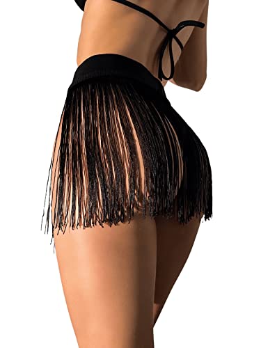 Verdusa Women's Fringe Trim High Waisted Mini Skirts Cover Up Black M