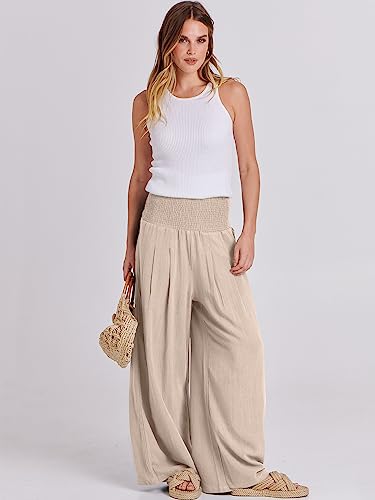 Prinbara High Waisted Wide Leg Pants for Women Summer Beach Boho Cotton Linen Palazzo Pants Casual Flowy Trousers with Pockets Almond 1PA091-mixing-XL