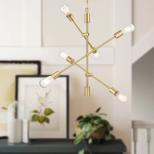 6 Lights Mid Century Gold Bronze Industrial Brushed Brass Light Fixture Modern Sputnik Chandelier Semi Flush Mount Ceiling Pendant Lighting for Dining Room Restaurant Kitchen Living Room