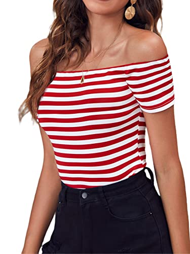 Women's Short Sleeve Vogue Fitted Off Shoulder Modal Blouse Top T-Shirt (Medium, Red Stripe)