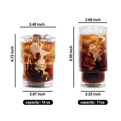 Combler Ribbed Glass Cups, 11oz Drinking Glasses Set of 8, Ribbed Glassware Sets for Whiskey Cocktail Beer Smoothie Iced Coffee Glasses, House Warming Gifts New Home, Bar Essentials