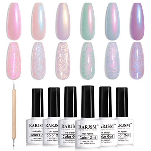 RARJSM Pearl Gel Nail Polish Glitter Pearlescent Shell Gel Polish Pink Beige Pearl Blue Green Purple Shimmer Mermaid Swirl Thread Effect Nail Gel Soak Off LED UV Curing Requires DIY Manicure Use