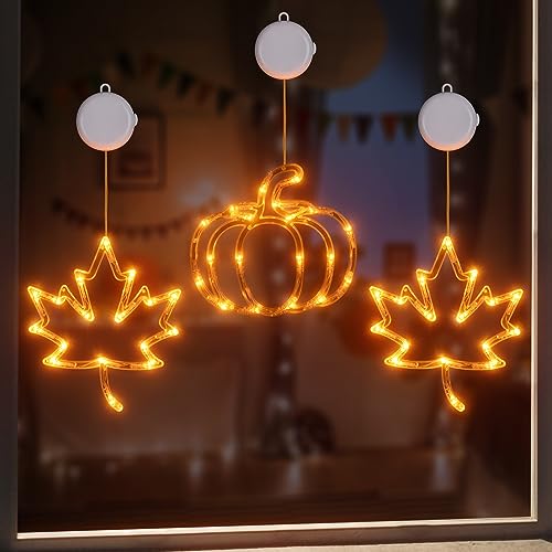 Fall Decor, Thanksgiving Window Decorations Lights, 3 Pack Fall Decorations for Home, LED Pumpkin Lights & Maple Lights Battery Operated, Thanksgiving Autumn Harvest Décor