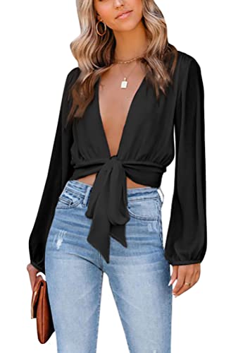 LYANER Women's Deep V Neck Tie Front Knot Long Sleeve Sexy Wrap Crop Top Blouse Solid Black Small