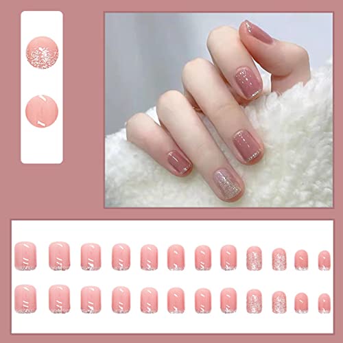 Hkanlre Short Pink Press on Nails Square Fake Nails Bling Full Cover French False Nails for Women and Girls 24PCS