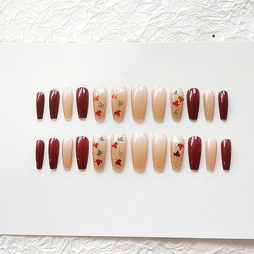 Fall Press on Nails Long Coffin Fake Nails -24Pcs Autumn Maple Leaves False Nails Thanksgiving Red Gold Maple Leaf Nail Glitter Flakes Design Nails with Glue Stick on Nails Decoration for Women Girls