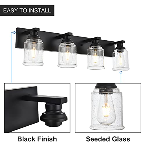 OULOK Black Vanity Lights 4-Light Modern Farmhouse Wall Lighting Fixtures with Seeded Glass Shades Industrial Bathroom Wall Sconces