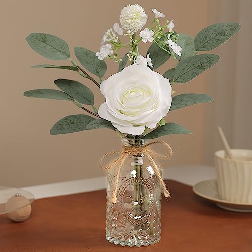 YXZZWL Faux Flowers with Bud Vase,Mini Artificial Silk Roses and Fake Eucalyptus in Glass Vase for Wedding Party Dining Table Centerpiece Decorations Office Farmhouse Home Decor (White)