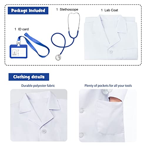 HTVYYDS White Lab Coat for Kids, Doctor Coat with Working Stethoscope&ID Card,Doctor Scientist Dress Up Costume for Boy Girls