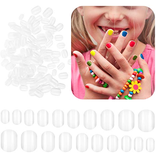 600 Pieces Children False Nails Natural Acrylic Nail Tips for Kids Little Girls Short Full Cover Fake Nails Artificial Fingernail Decoration, 10 Sizes (Clear)