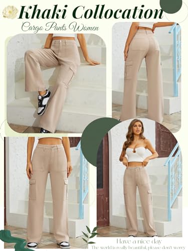 QYANGG High Waist Cargo Pants Women Stretch Baggy Cargo Pants Women Multiple Pockets Relaxed Fit Straight Wide Leg Y2K Pants Khaki