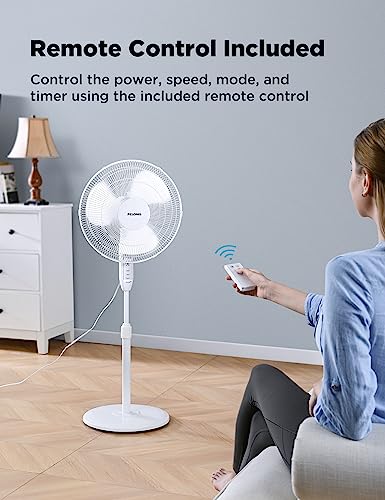 PELONIS 16'' Pedestal Remote Control Oscillating Stand Up Fan 7-Hour Timer, 3-Speed, and Adjustable Height,Electric Cooling Fans for Home Office Bedroom Use