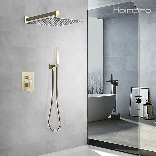 Hoimpro 12 Inch Square Rain Shower Head, Large Waterfall Rainfall Showerhead, HighPressure Stainless Steel Rainfall Showerhead, 1/16‘’ Ultra-Thin Water Saving Design with Silicone Nozzle, Brushed Gold