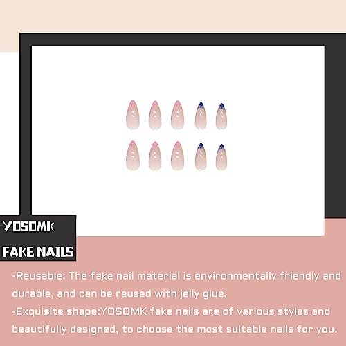 YOSOMK French Tip Medium Press on Nails Almond Fake Nails with Glitter Sequins Designs Luxury Glossy Glue on Acrylic Nails Bling Colorful False Nails for Women